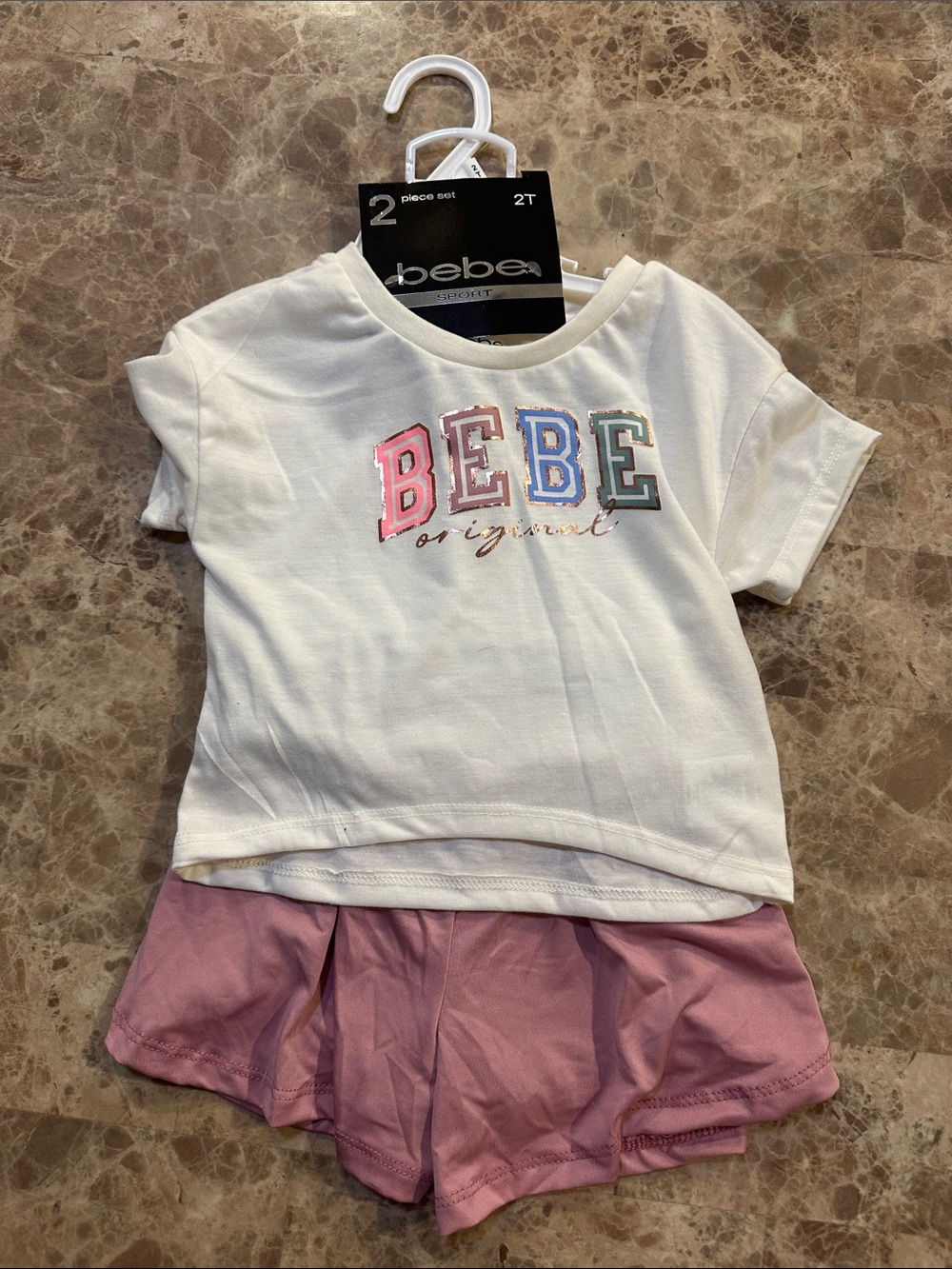 bebe White Tee with Multicolor Logo & Pink Shorts Set